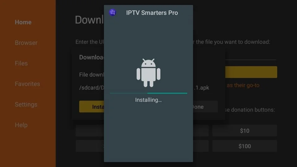 Paso 7 de instalación en Fire TV: Proceso de instalación en curso