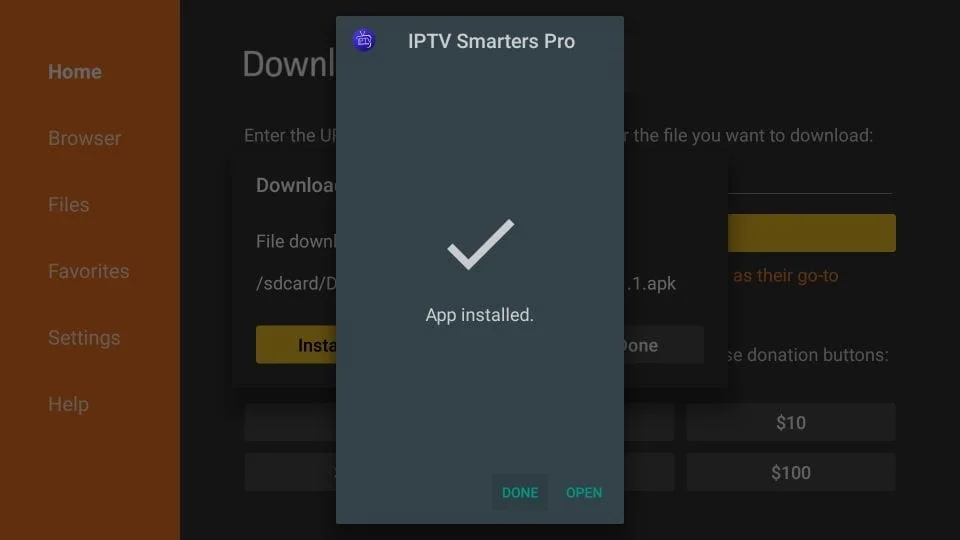 Paso 8 de instalación en Fire TV: App instalada, seleccionar 'HECHO'