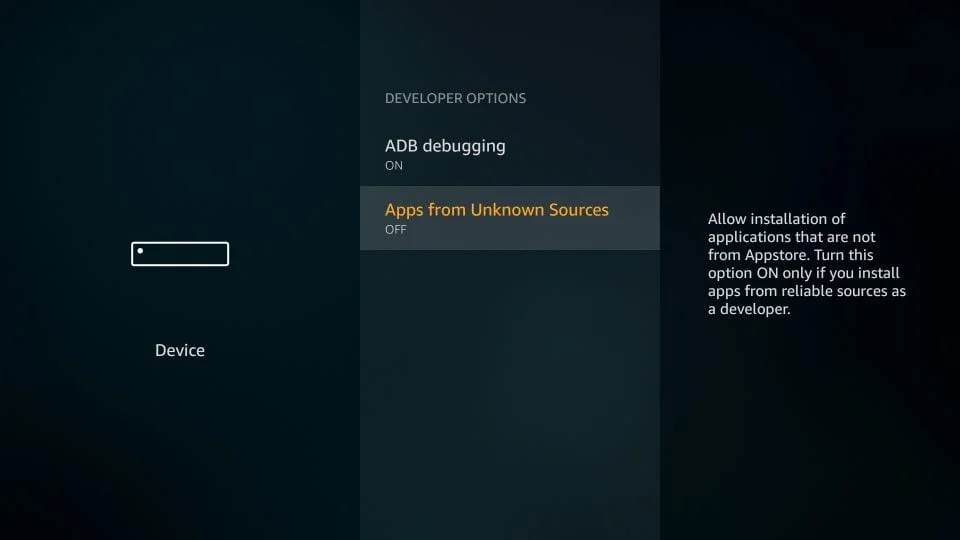 Paso de configuración en Fire TV: Activar 'Apps de fuentes desconocidas'