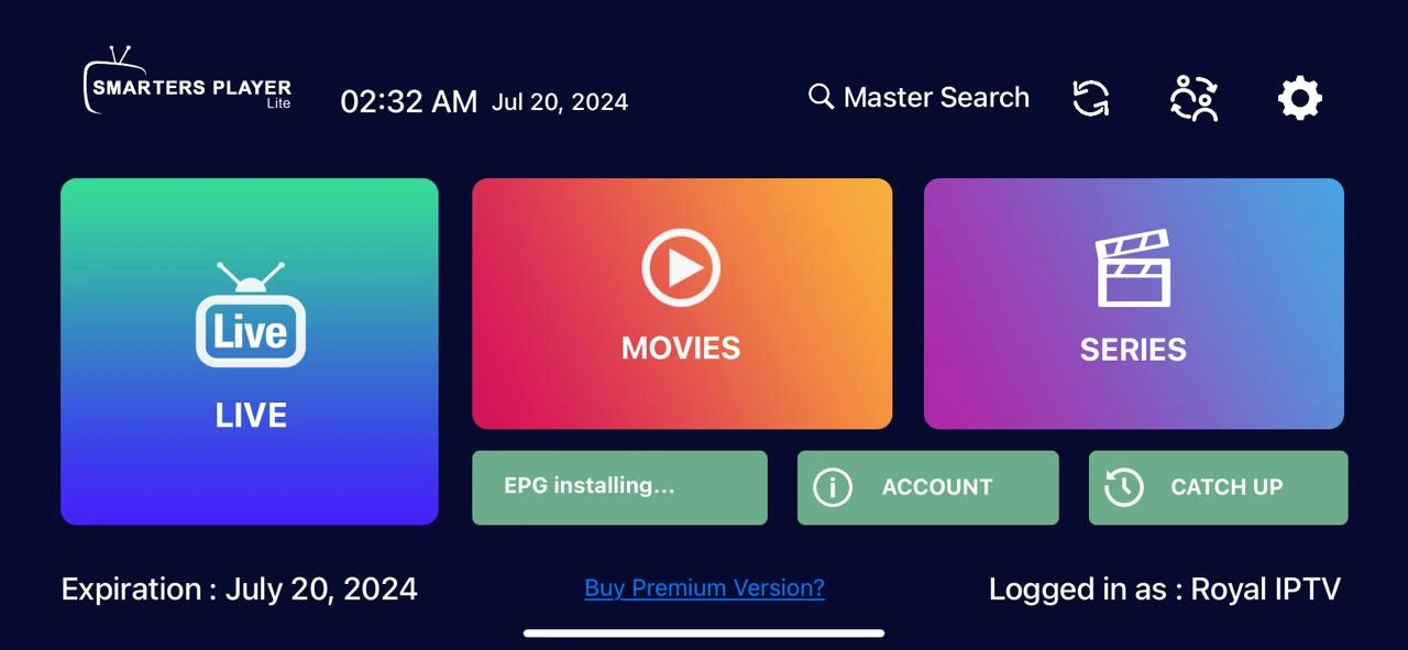 Paso 4: Seleccionar 'TV en vivo' en el menú de Smarters Player Lite para iOS